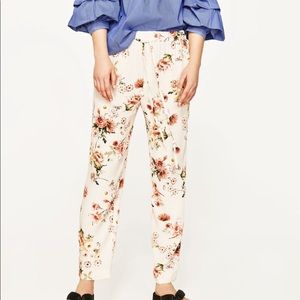 Zara Floral Print Trousers in Cream and Pink